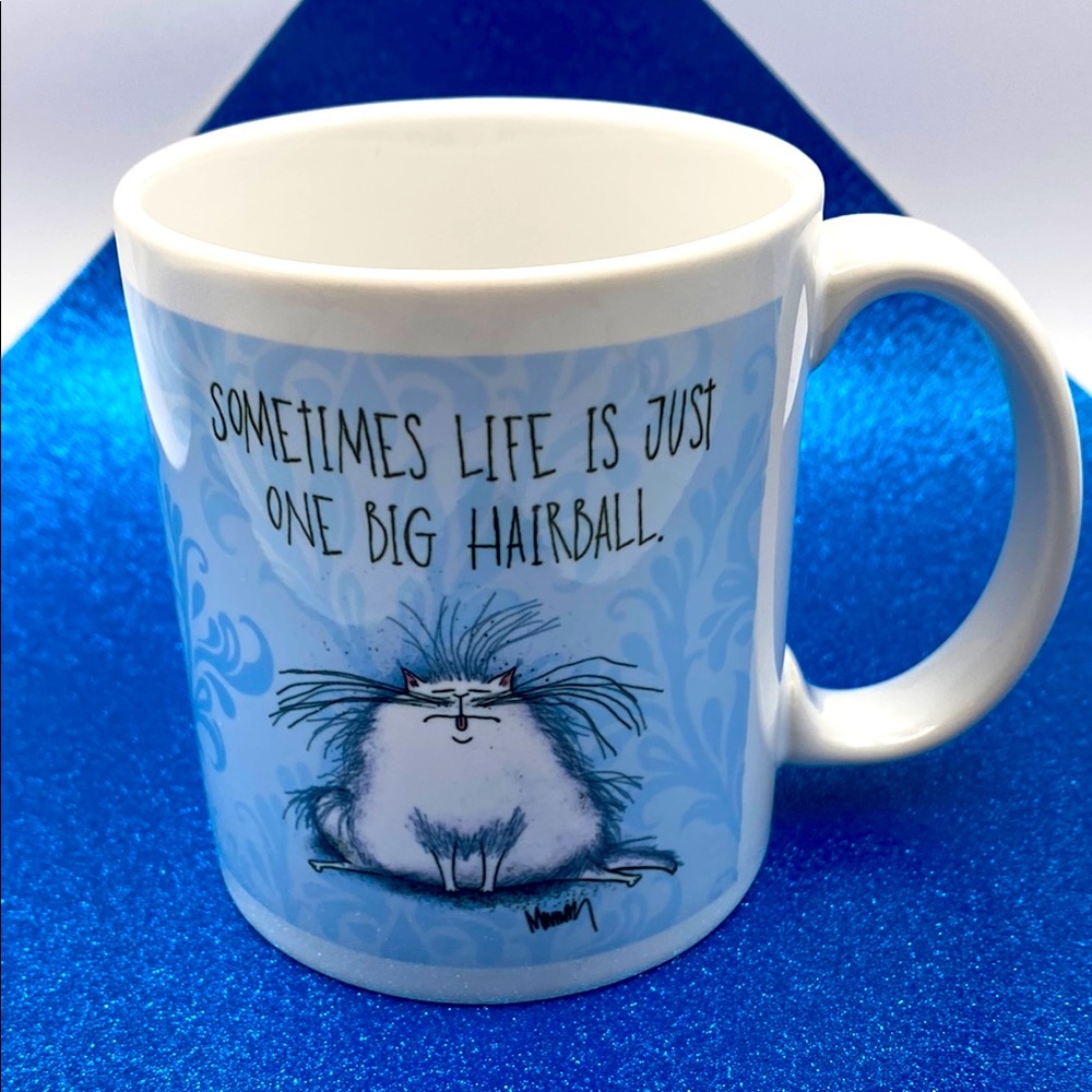 Leanin’ Tree Whimsical Blue Cat Mug “Sometimes Life Is Just One Big Hairball”